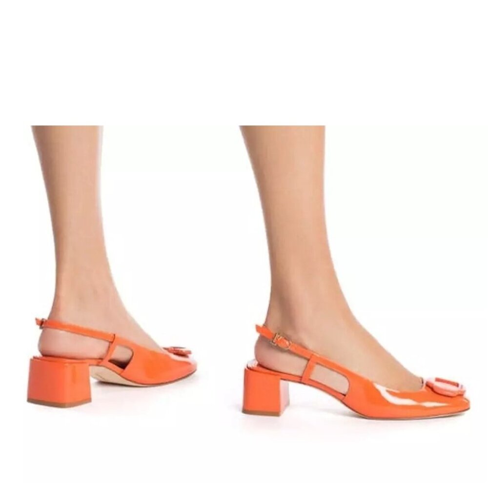 $380 LARROUDE MARIA SLINGBACK PUMP ORANGE PATENT LEATHER BLOCK 5.5 (DB36)